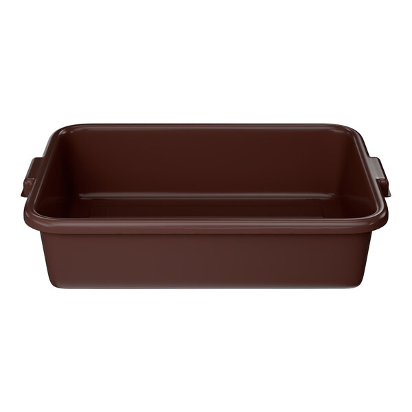 A brown high density polyethylene bus tub with handles on each side.