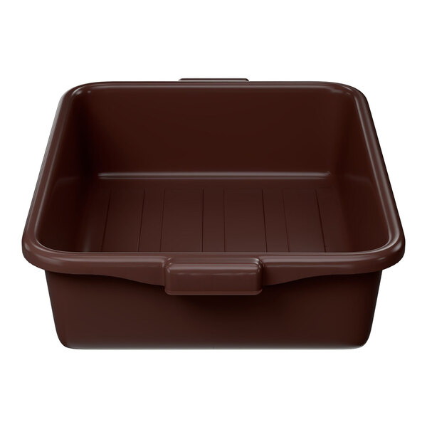 A brown high density polyethylene bus tub measuring 20 inches by 15 inches by 5 inches.
