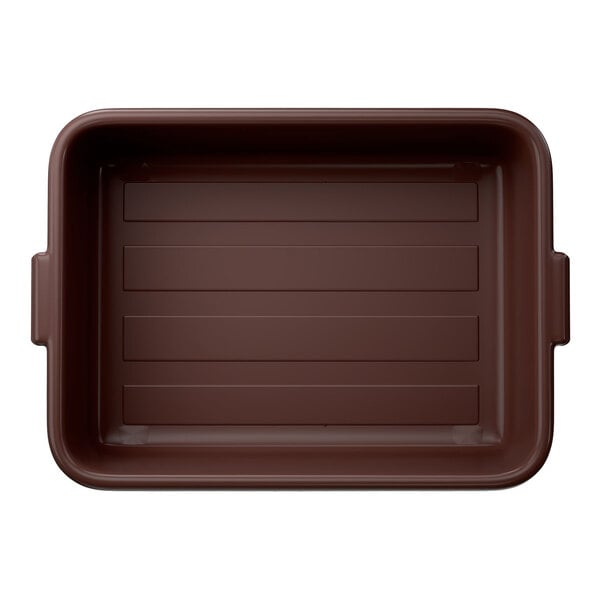 A brown high density polyethylene bus tub with handles on each side.