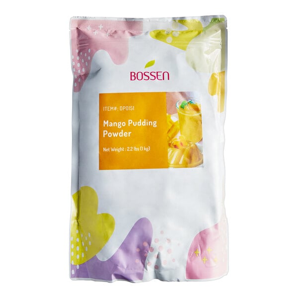 A white bag of Bossen Mango Pudding Powder Mix with a yellow label.