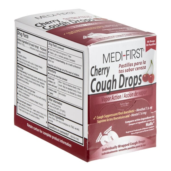 A box of Medi-First cherry cough drops containing 50 individually wrapped drops.
