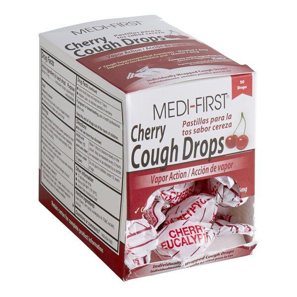 A box of Medi-First cherry cough drops containing 50 individually wrapped drops.
