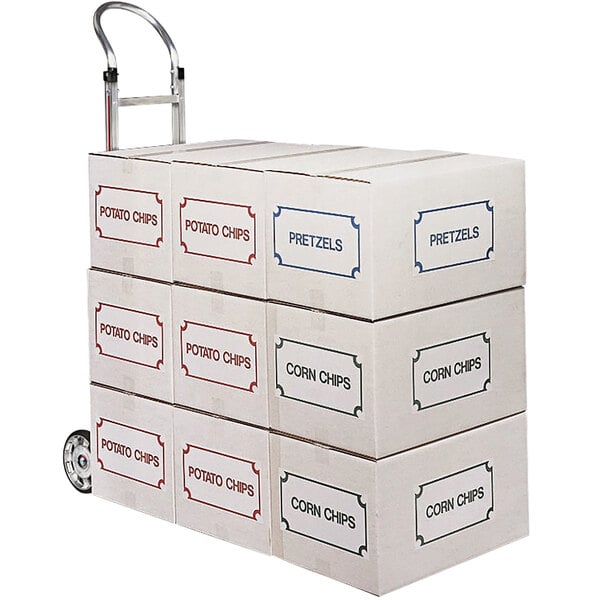 A stack of boxes on a Magliner two-wheel hand truck.