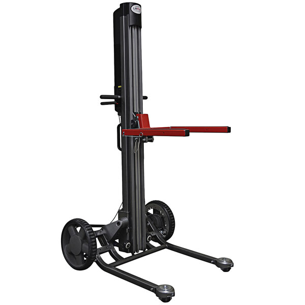 A black and red Magliner LiftPlus industrial-use folding lift with wheels.