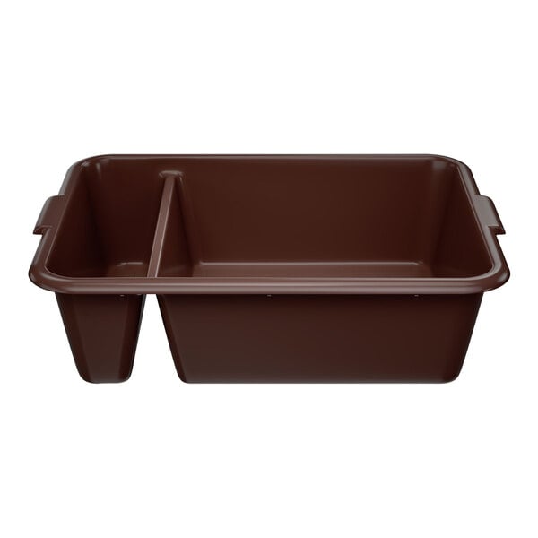A brown high density polyethylene divided bus tub with two compartments.