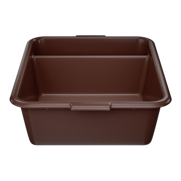 A brown high density polyethylene divided bus tub measuring 22 inches by 17 inches by 7 inches.