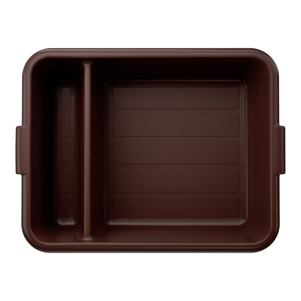 A brown high density polyethylene divided bus tub with two compartments.