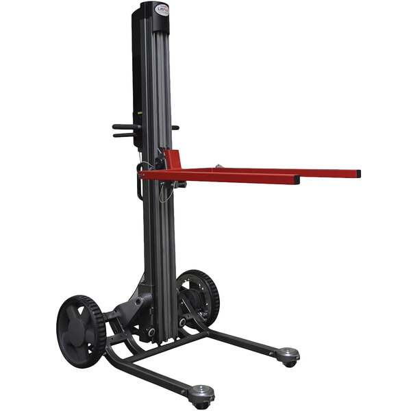 A Magliner LiftPlus industrial folding lift with a red and black handle.