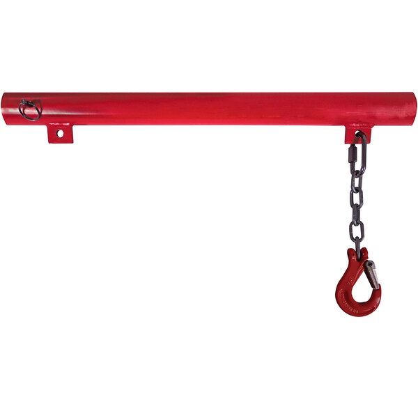 A red metal bar with a chain and hook assembly on it.