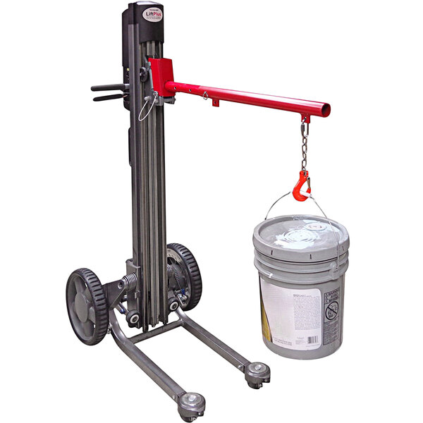 A Magliner LiftPlus adjustable boom with a chain and hook on a hand truck.