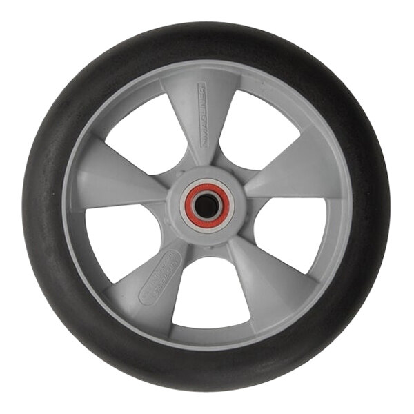 The wheel of a Magliner narrow aisle hand truck with a black rim.