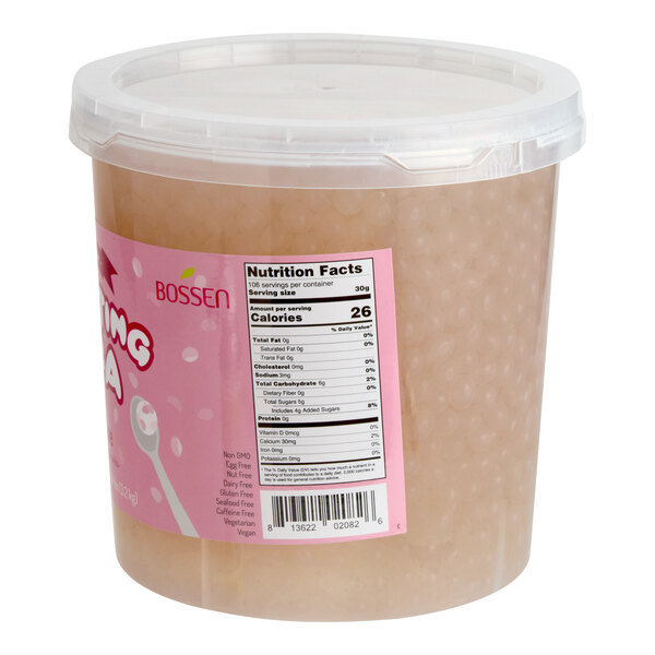 A large plastic tub of Bossen Embrace Pink Rose Bursting Boba with a nutrition label on the side.