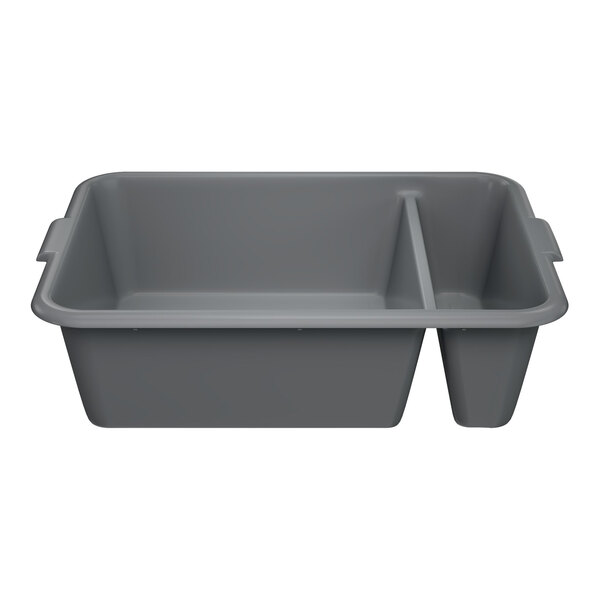 A gray high density polyethylene divided bus tub with two compartments.