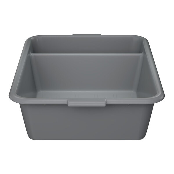 A gray high density polyethylene divided bus tub measuring 22 inches by 17 inches by 7 inches.