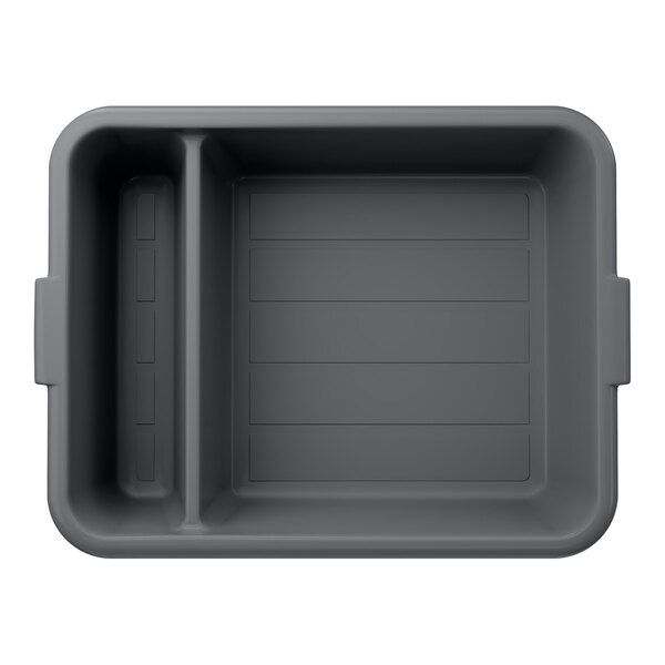 A gray high density polyethylene divided bus tub with two compartments.