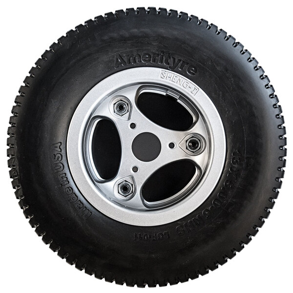 A black Magliner foam filled drive tire with a silver rim.
