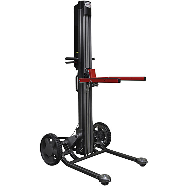 A black and red Magliner LiftPlus industrial-use folding lift with wheels.