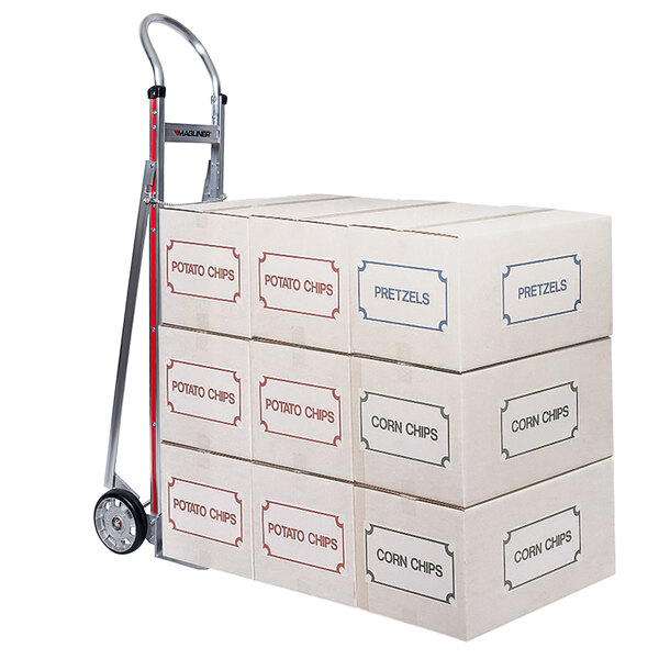 A Magliner hand truck with a stack of boxes on it.