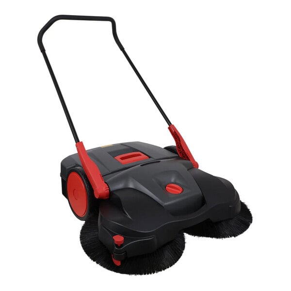A black and red manual triple brush power sweeper with a push handle and large wheels.