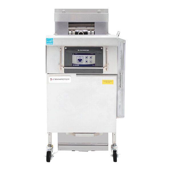 A white rectangular Frymaster oil-conserving electric floor fryer with a black panel.