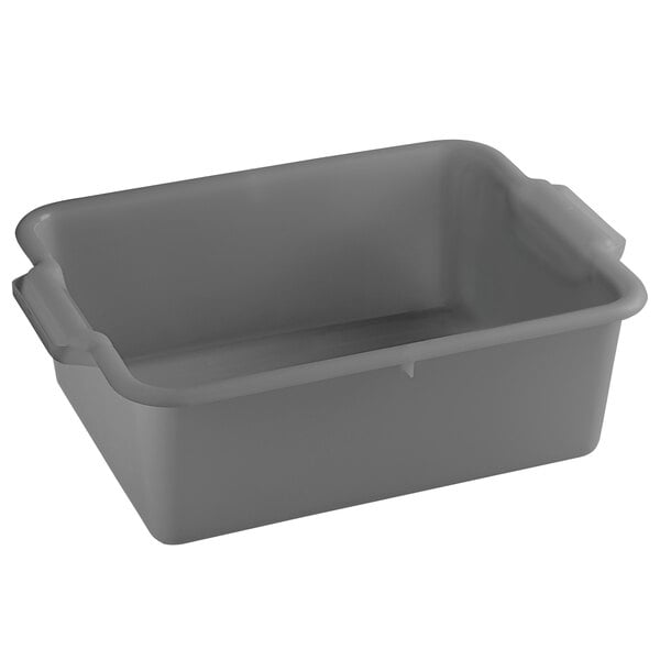 A grey rectangular plastic Vollrath bus tub with handles.