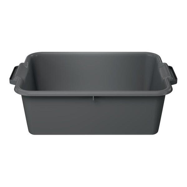 A gray high density polyethylene bus tub with handles on each side.