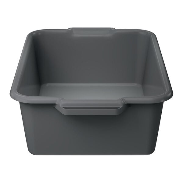 A gray high density polyethylene bus tub with handles.