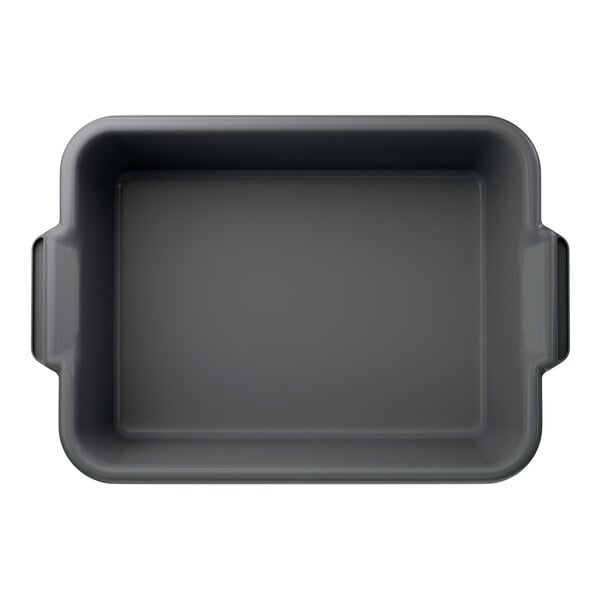 A gray rectangular high density polyethylene bus tub with handles on each side.
