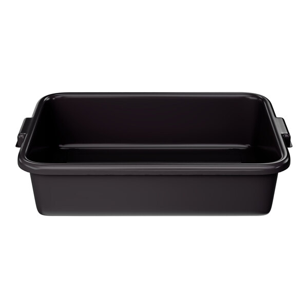A black high density polyethylene bus tub with handles, measuring 20 inches by 15 inches by 5 inches.