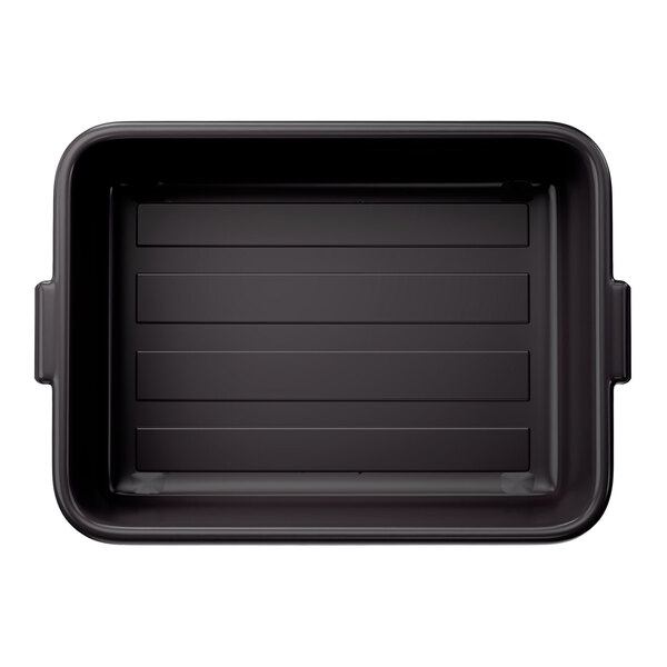 A black high density polyethylene bus tub with handles and a rectangular shape.