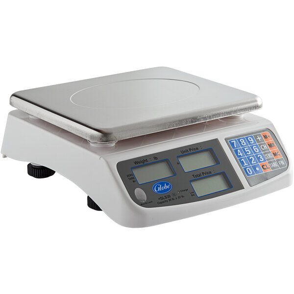 A Globe GLS30 digital price computing scale on a white counter.