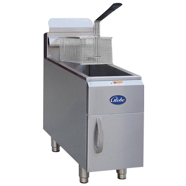 A Globe natural gas countertop fryer with a basket on top.