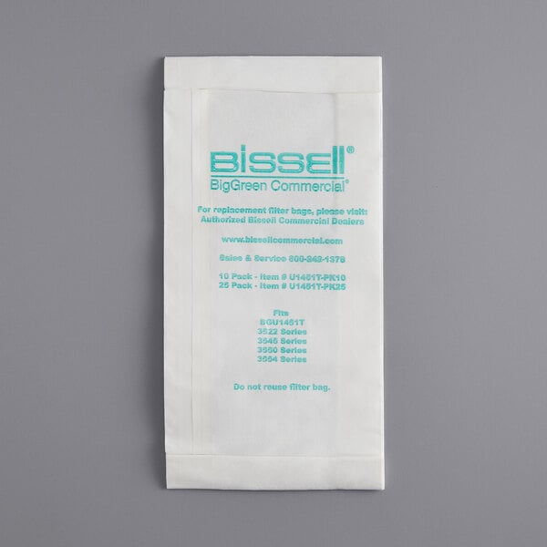 A white paper vacuum bag with blue Bissell text.