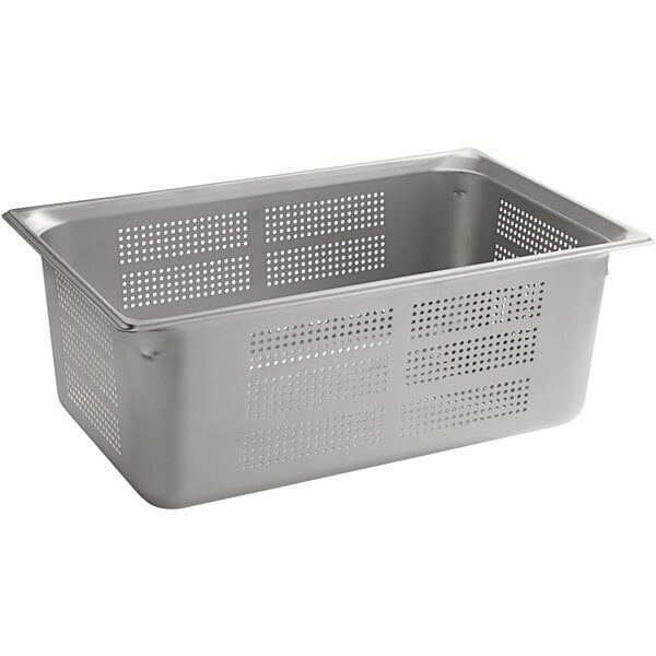 A Vollrath stainless steel hotel pan with holes in it.