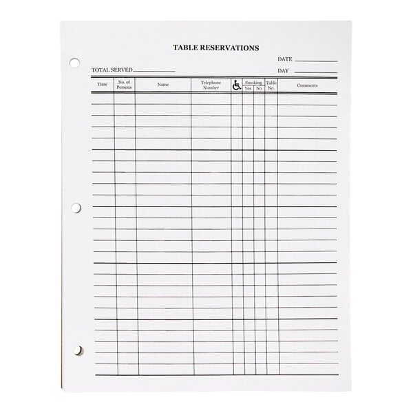 H. Risch Reservation Book replacement sheet with table number lines.