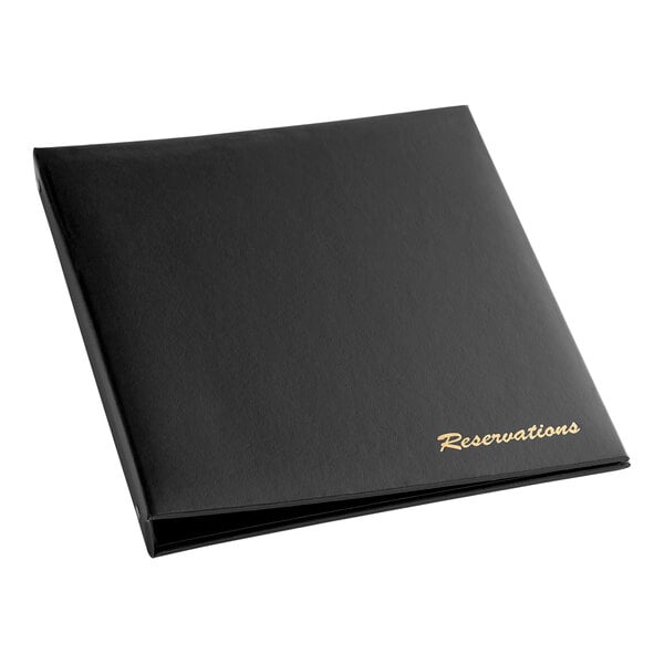 A black folder with "RESERVATIONS" in gold text.