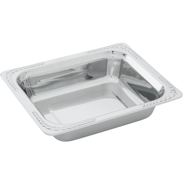 A silver square dish with a decorative edge.