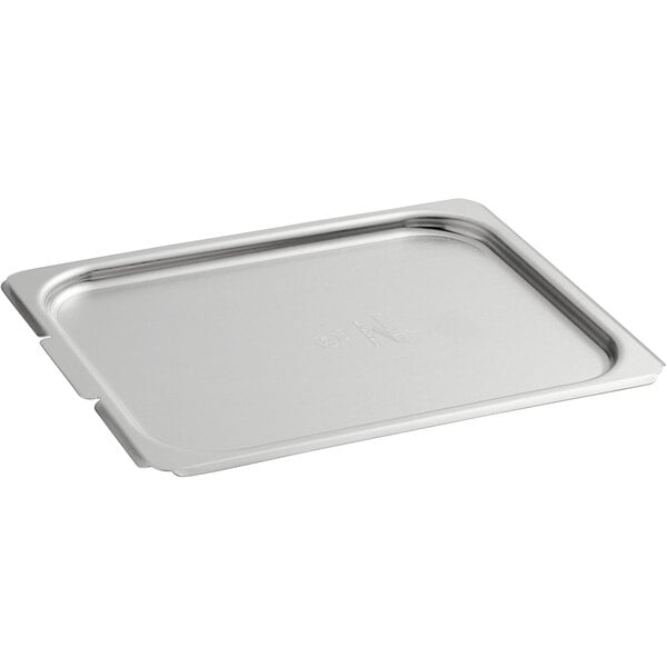 A Vollrath 1/2 size aluminum steam table pan cover on a stainless steel tray.