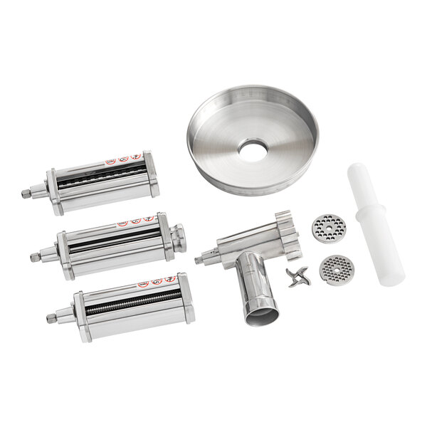 An Avantco stainless steel meat grinder and pasta attachment kit for a mixer.