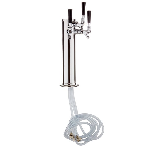 A silver metal Assure 3-tap beer tower with hoses attached.