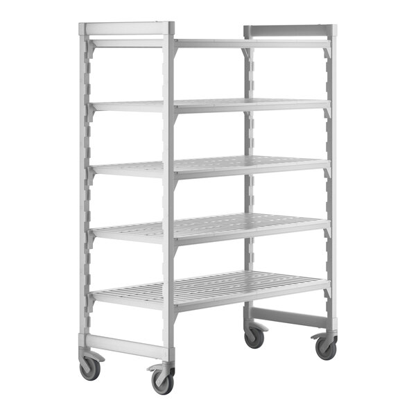 A white metal Cambro Camshelving® Premium mobile shelving unit with 5 shelves.