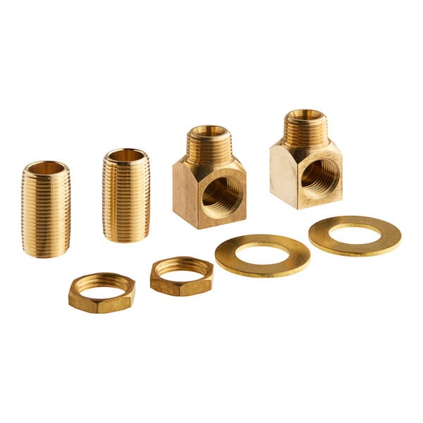 A close up of a gold T&S brass elbow with a threaded nut.