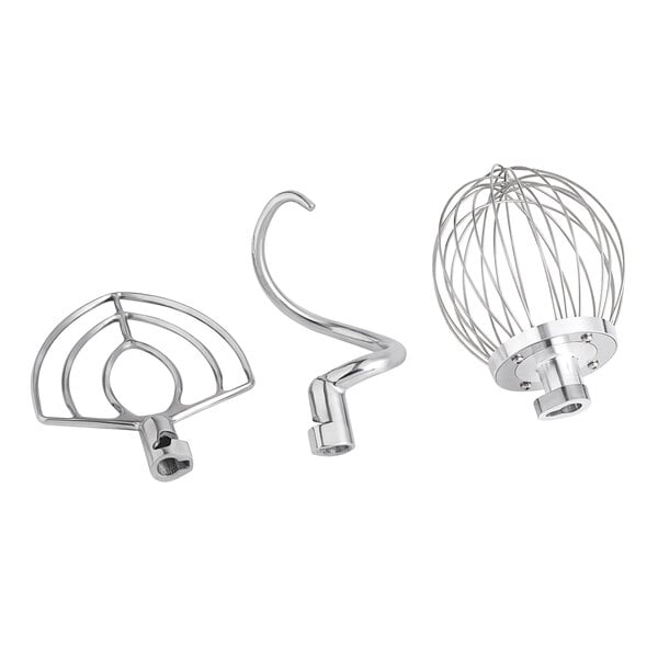 A white Avantco countertop mixer with three metal wire attachments.