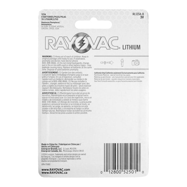 A pack of Rayovac RL123A-8TG 123A lithium photo batteries containing 8 batteries.
