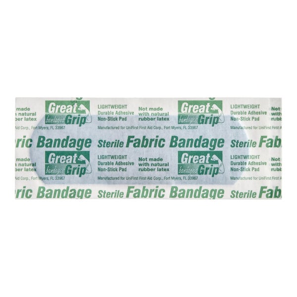 A blue woven adhesive strip bandage in sterile packaging.