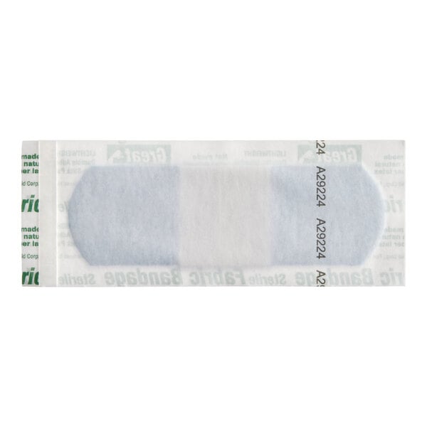 A blue woven adhesive strip bandage in a sterile wrapper.