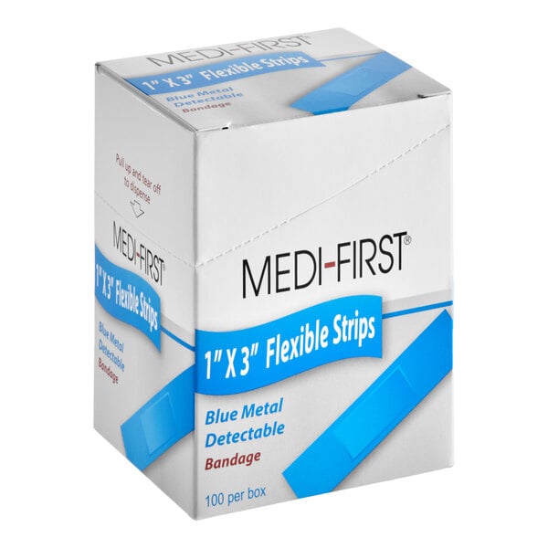 A box of Medi-First 1" x 3" blue metal detectable adhesive strip bandages containing 100 bandages.