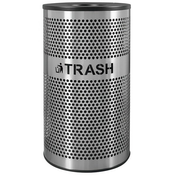 A silver stainless steel round trash receptacle with perforated holes.