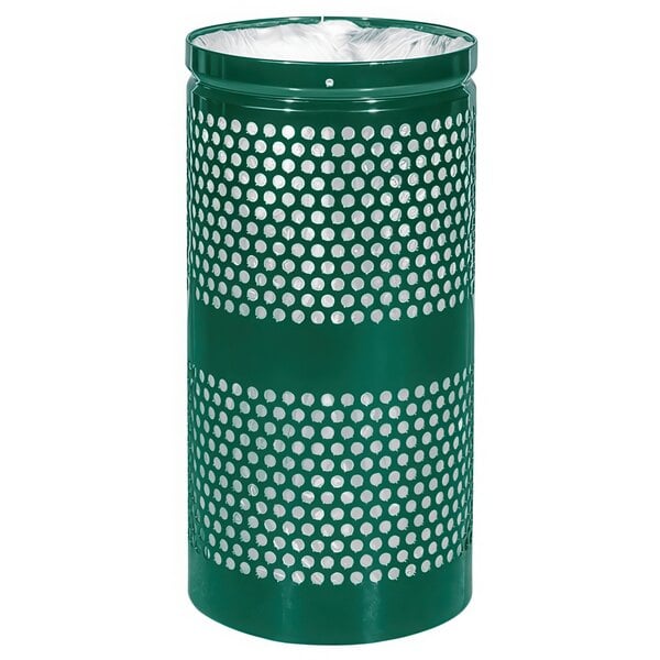 A round hunter green Ex-Cell Kaiser waste receptacle with white dots.