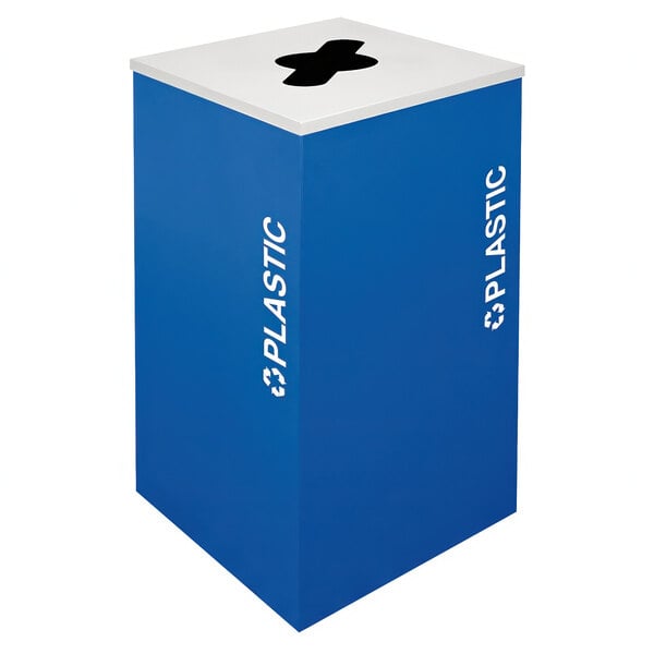A square royal blue plastic receptacle with white text reading "plastic" and "recycle"